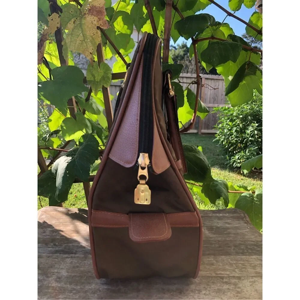 Vintage Lark Canvas Leather Tote Bag Brown Stripe Travel Duffle